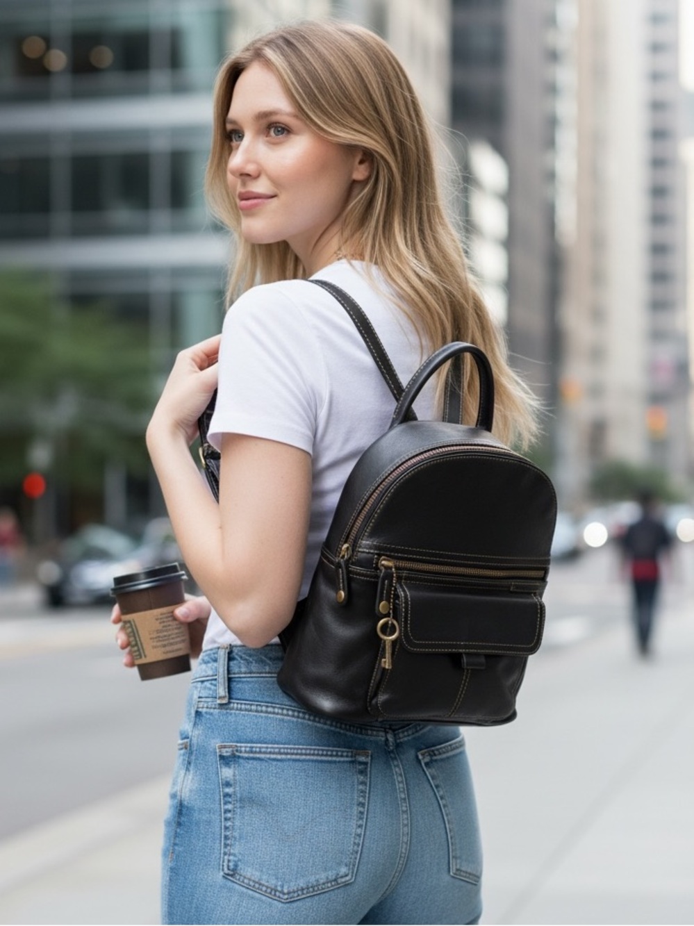 Fossil Black Leather Mini Backpack with Front Pocket with Signature key charm